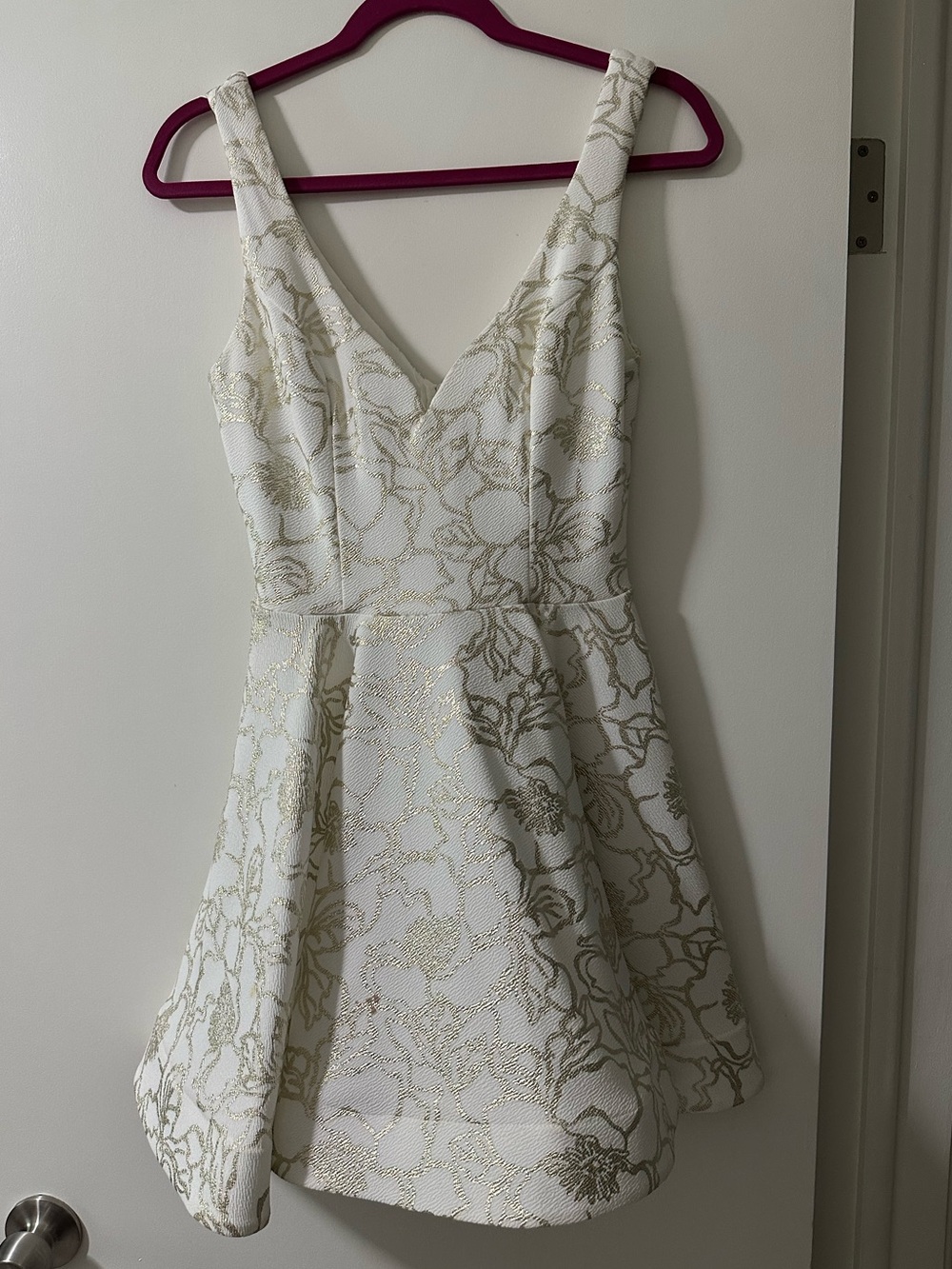 B. Darlin Elegant V-Neck White and Gold Floral Fit & Flare Dress